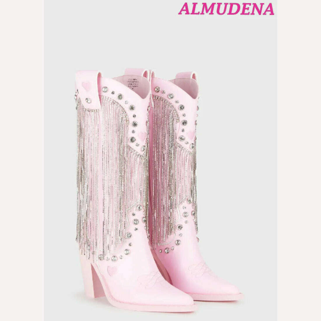 KIMLUD, Pink Crystal Tassels Cowboy Boots Women Chunky Heel Glitter Gem Pointed Toe Knee High Boots Luxury Designer 2023 New Shoes, KIMLUD Womens Clothes