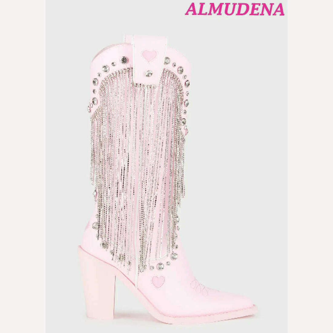 KIMLUD, Pink Crystal Tassels Cowboy Boots Women Chunky Heel Glitter Gem Pointed Toe Knee High Boots Luxury Designer 2023 New Shoes, as photo 1 / 35, KIMLUD Womens Clothes