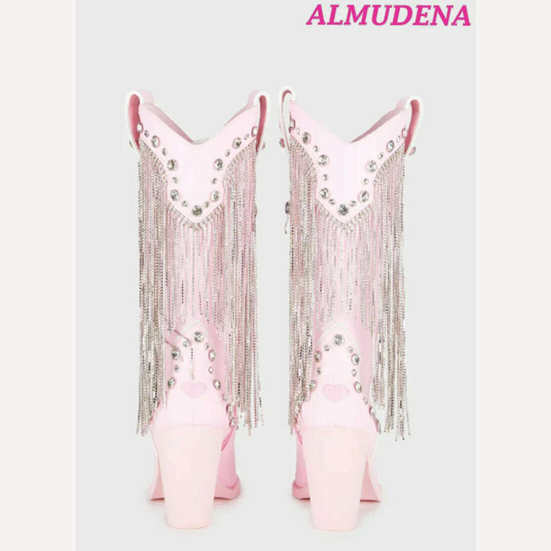 KIMLUD, Pink Crystal Tassels Cowboy Boots Women Chunky Heel Glitter Gem Pointed Toe Knee High Boots Luxury Designer 2023 New Shoes, KIMLUD Womens Clothes