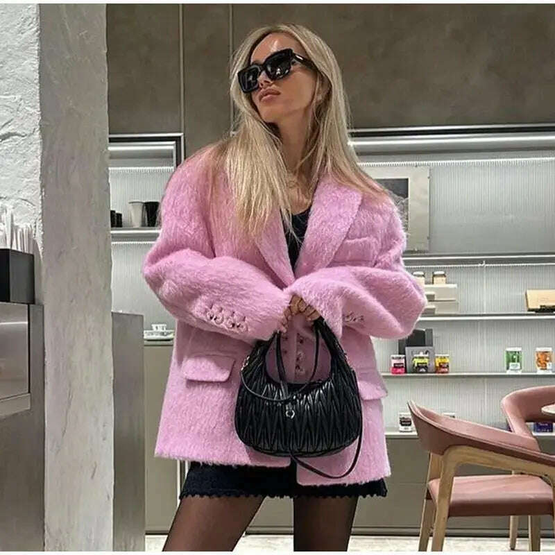 KIMLUD, Pink Lapel Woolen Plush Coats Women Elegant Long Sleeve Button Office Lady Blazer Jacket 2023 Winter Fashion Packet Loose Coat, KIMLUD Womens Clothes