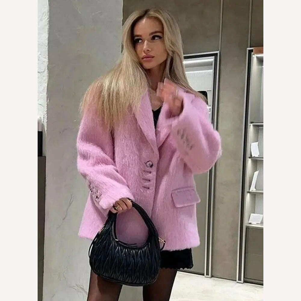 KIMLUD, Pink Lapel Woolen Plush Coats Women Elegant Long Sleeve Button Office Lady Blazer Jacket 2023 Winter Fashion Packet Loose Coat, KIMLUD Womens Clothes