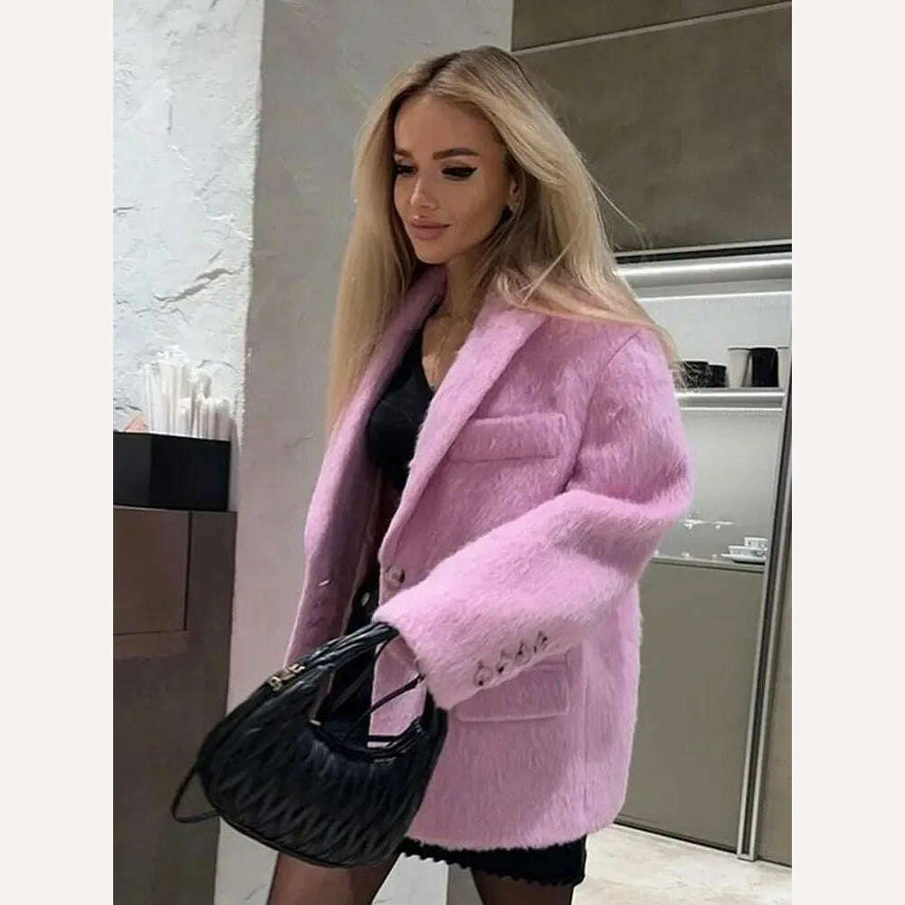 KIMLUD, Pink Lapel Woolen Plush Coats Women Elegant Long Sleeve Button Office Lady Blazer Jacket 2023 Winter Fashion Packet Loose Coat, KIMLUD Womens Clothes