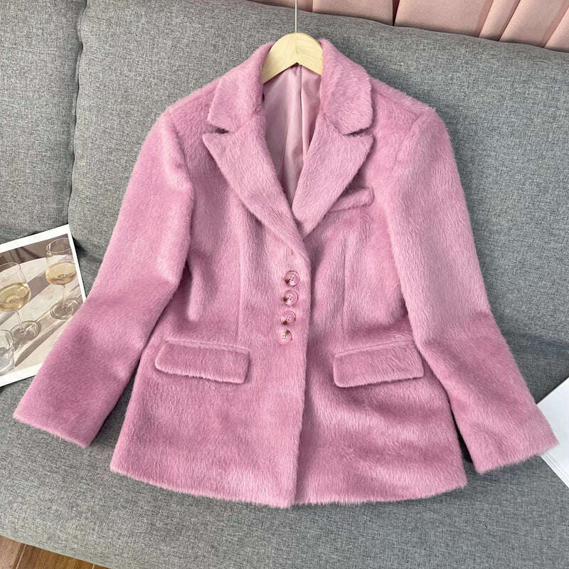 KIMLUD, Pink Lapel Woolen Plush Coats Women Elegant Long Sleeve Button Office Lady Blazer Jacket 2023 Winter Fashion Packet Loose Coat, pink / S, KIMLUD Womens Clothes