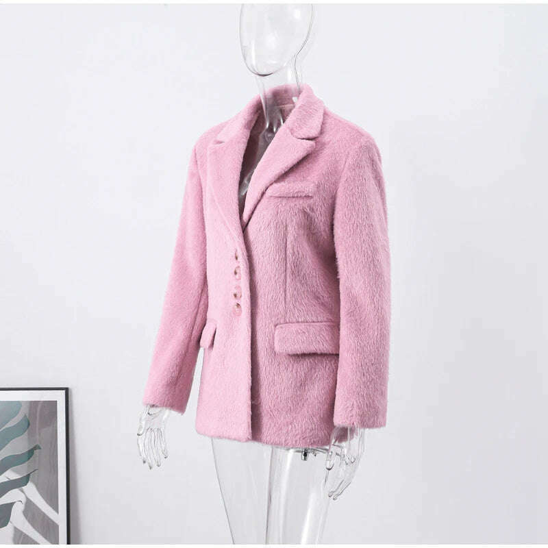 KIMLUD, Pink Lapel Woolen Plush Coats Women Elegant Long Sleeve Button Office Lady Blazer Jacket 2023 Winter Fashion Packet Loose Coat, KIMLUD Womens Clothes