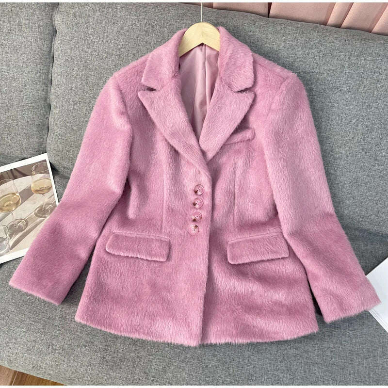 KIMLUD, Pink Lapel Woolen Plush Coats Women Elegant Long Sleeve Button Office Lady Blazer Jacket 2023 Winter Fashion Packet Loose Coat, KIMLUD Womens Clothes