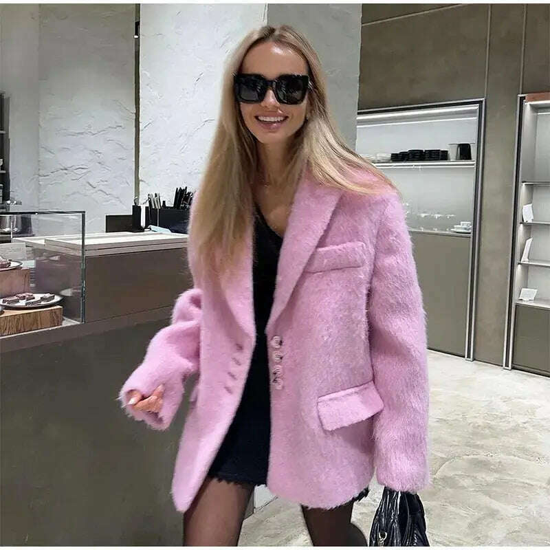 KIMLUD, Pink Lapel Woolen Plush Coats Women Elegant Long Sleeve Button Office Lady Blazer Jacket 2023 Winter Fashion Packet Loose Coat, KIMLUD Womens Clothes