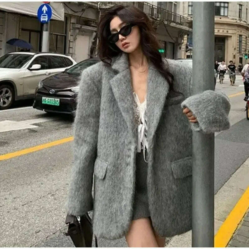 KIMLUD, Pink Lapel Woolen Plush Coats Women Elegant Long Sleeve Button Office Lady Blazer Jacket 2023 Winter Fashion Packet Loose Coat, KIMLUD Womens Clothes