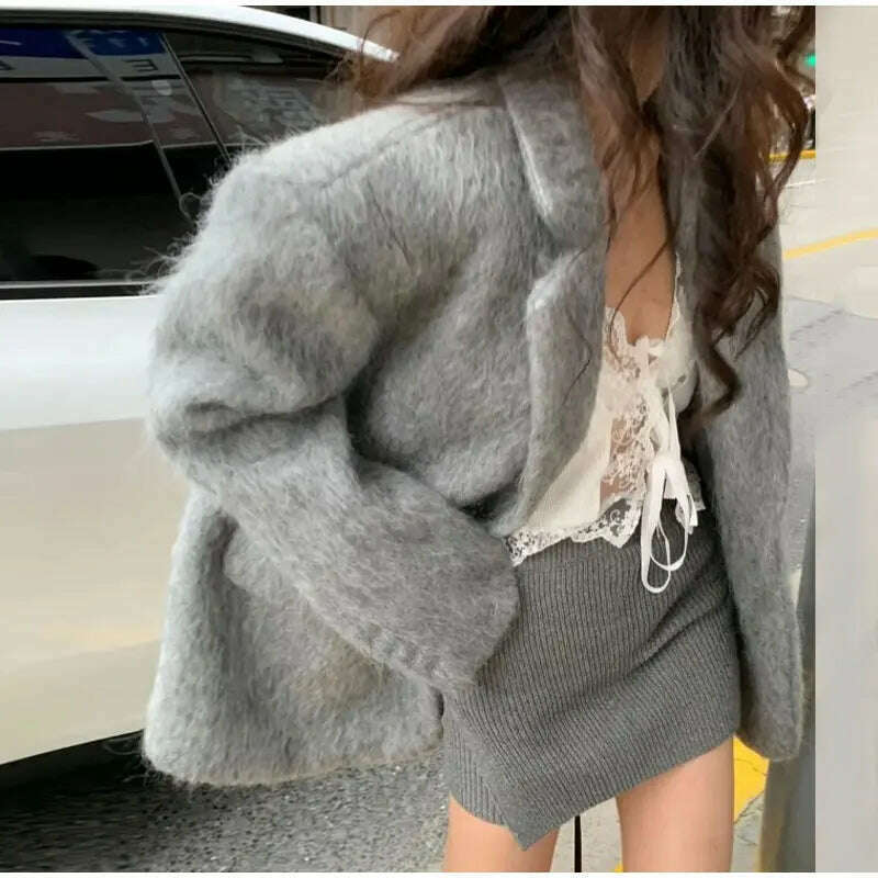 KIMLUD, Pink Lapel Woolen Plush Coats Women Elegant Long Sleeve Button Office Lady Blazer Jacket 2023 Winter Fashion Packet Loose Coat, KIMLUD Womens Clothes