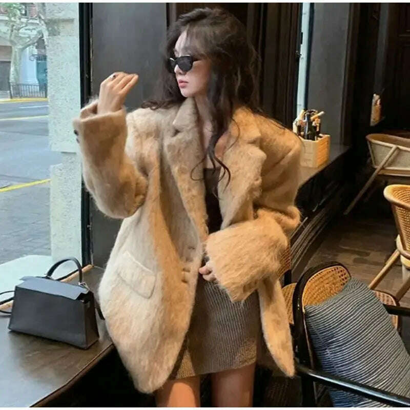 KIMLUD, Pink Lapel Woolen Plush Coats Women Elegant Long Sleeve Button Office Lady Blazer Jacket 2023 Winter Fashion Packet Loose Coat, KIMLUD Womens Clothes