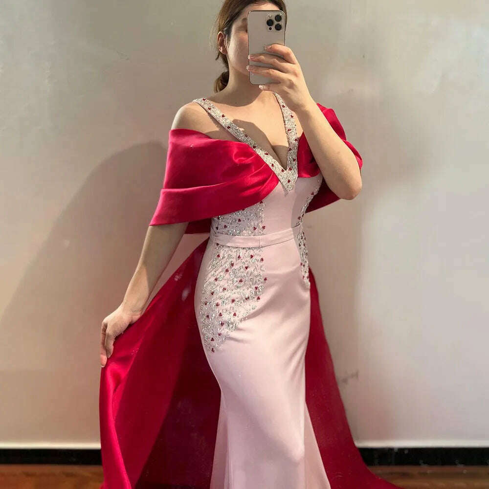 KIMLUD, Pink Mermaid Elegant Evening Dresses Gowns 2023 Satin Beading Shawl Yarn Sexy For Women Wedding Party BLA72121 Serene Hill, KIMLUD Womens Clothes