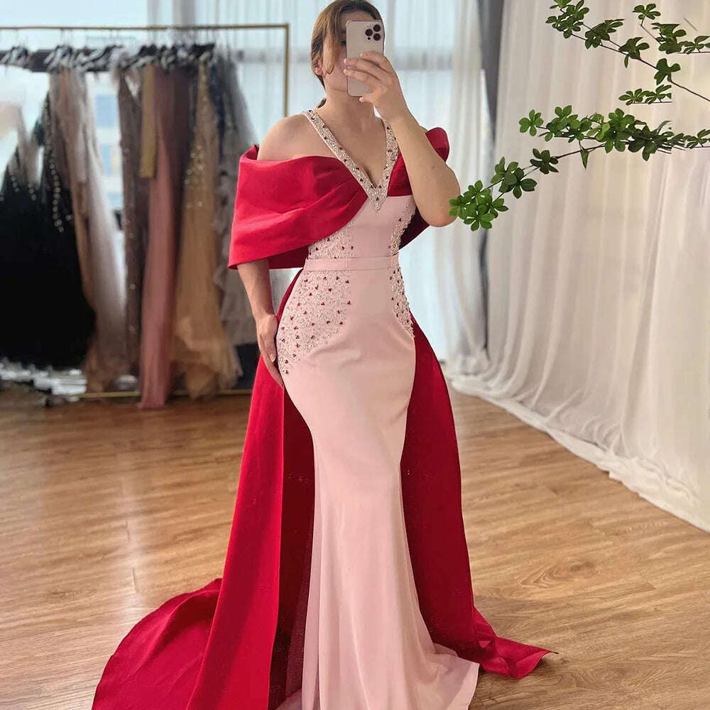 KIMLUD, Pink Mermaid Elegant Evening Dresses Gowns 2023 Satin Beading Shawl Yarn Sexy For Women Wedding Party BLA72121 Serene Hill, pink / 4, KIMLUD Womens Clothes