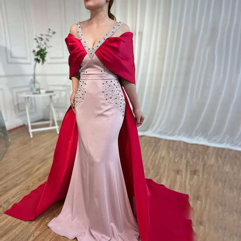 KIMLUD, Pink Mermaid Elegant Evening Dresses Gowns 2023 Satin Beading Shawl Yarn Sexy For Women Wedding Party BLA72121 Serene Hill, KIMLUD Women's Clothes