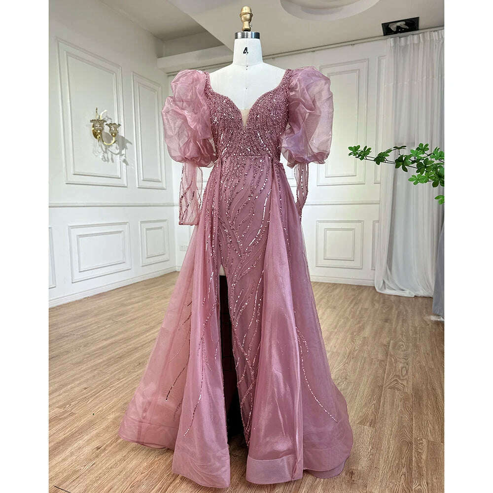 KIMLUD, Pink Mermaid Sexy High Split Over Skirt Beaded Dubai Evening Dresses Gown Long 2023 For Women Wedding Party BLA71948 Serene Hill, pink / 2, KIMLUD Women's Clothes