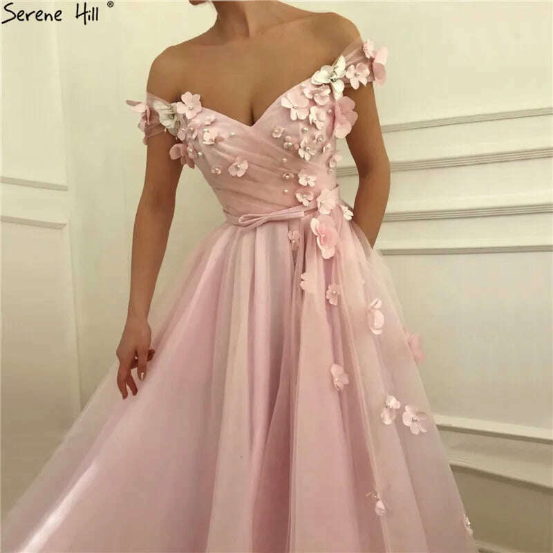 KIMLUD, Pink Off Shoulder Beach Sexy Evening Dresses Pearls Handmade Flowers Tulle Evening Gowns 2023 Serene Hill BLA60815, KIMLUD Womens Clothes