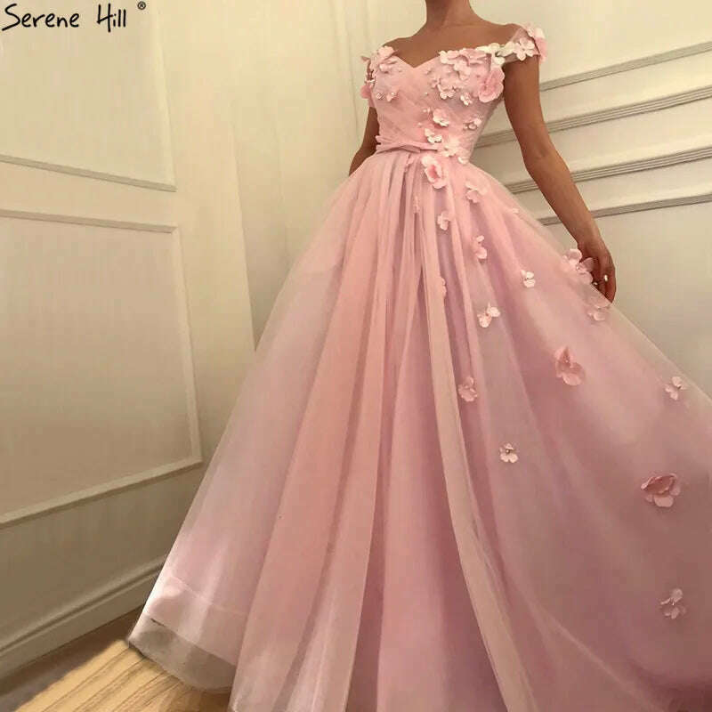 KIMLUD, Pink Off Shoulder Beach Sexy Evening Dresses Pearls Handmade Flowers Tulle Evening Gowns 2023 Serene Hill BLA60815, KIMLUD Womens Clothes
