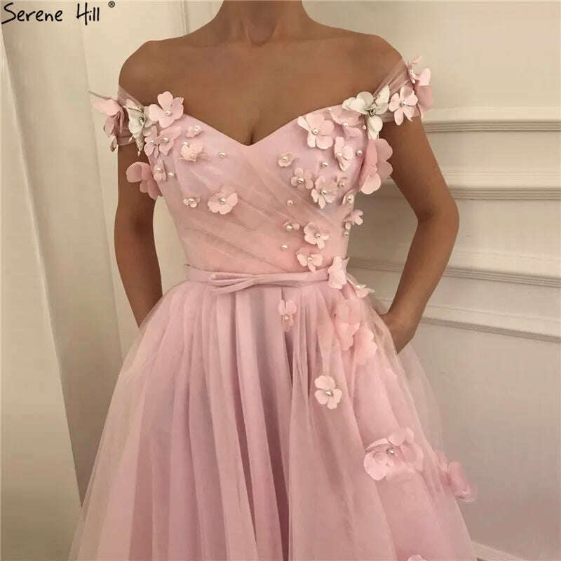 KIMLUD, Pink Off Shoulder Beach Sexy Evening Dresses Pearls Handmade Flowers Tulle Evening Gowns 2023 Serene Hill BLA60815, KIMLUD Womens Clothes