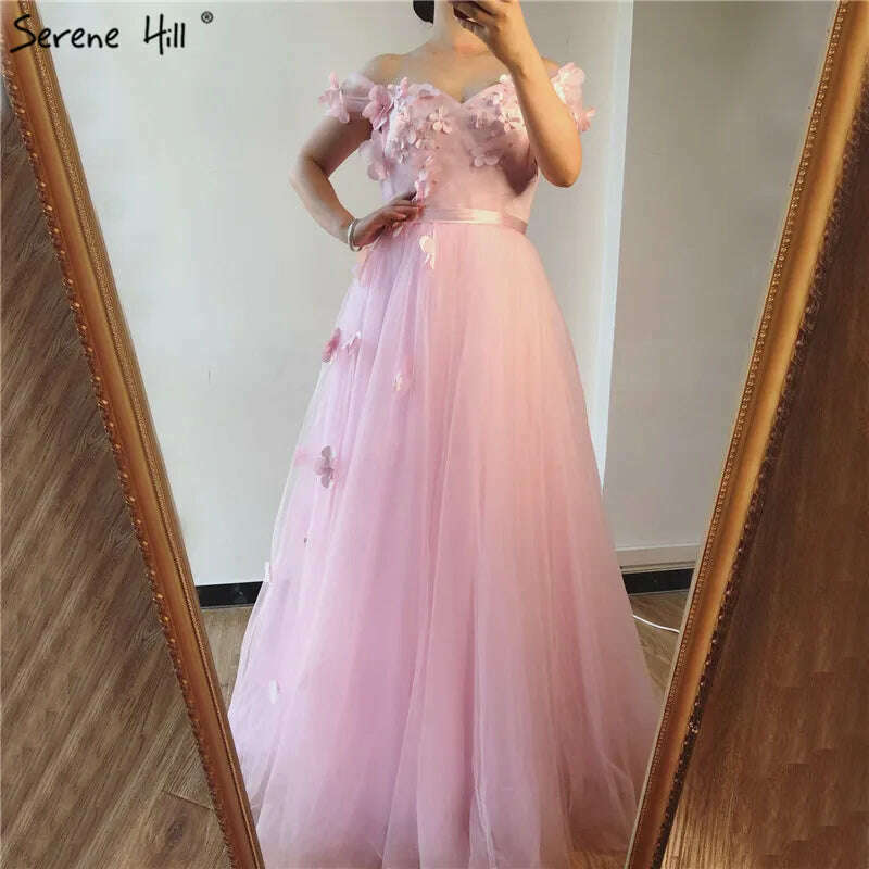 KIMLUD, Pink Off Shoulder Beach Sexy Evening Dresses Pearls Handmade Flowers Tulle Evening Gowns 2023 Serene Hill BLA60815, KIMLUD Womens Clothes