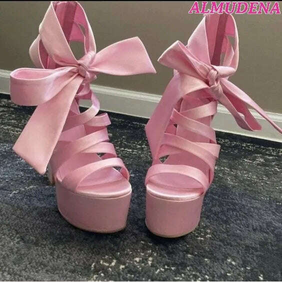 KIMLUD, Pink Ribbon Platform Block Heel Sandals Women Open Toe Lace up Bow High Heels Summer Big Size Lolita Dress Designer Brand Shoes, KIMLUD Women's Clothes