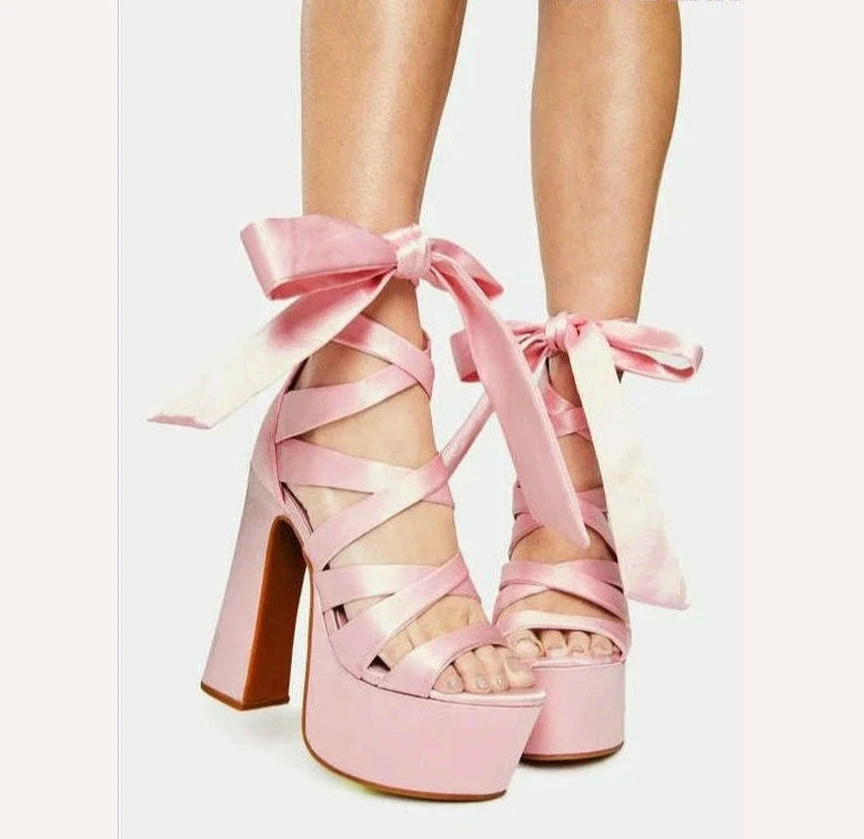 KIMLUD, Pink Ribbon Platform Block Heel Sandals Women Open Toe Lace up Bow High Heels Summer Big Size Lolita Dress Designer Brand Shoes, KIMLUD Womens Clothes