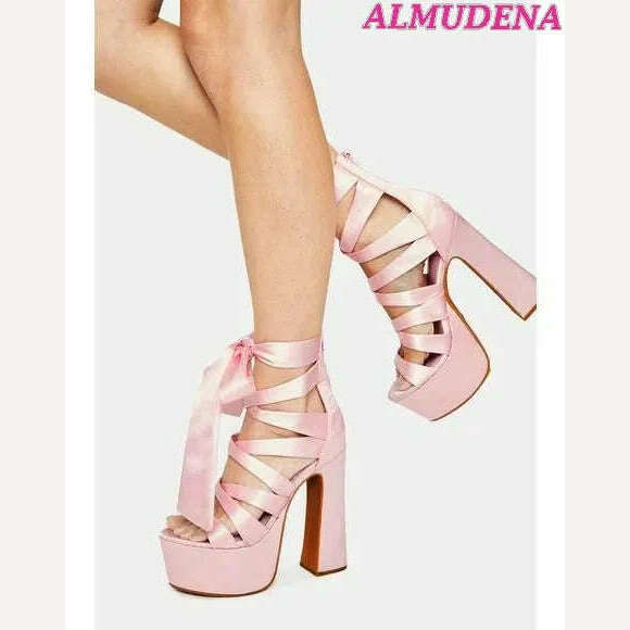 KIMLUD, Pink Ribbon Platform Block Heel Sandals Women Open Toe Lace up Bow High Heels Summer Big Size Lolita Dress Designer Brand Shoes, KIMLUD Womens Clothes