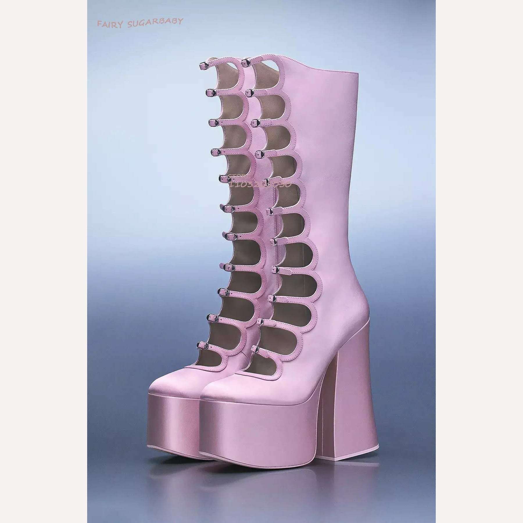 KIMLUD, Pink Satin Hollow Belt Buckle Platform Lolita Boots Woman Princess Black Lace Satin Chunky Heel Knee Booties Bright Leather Shoe, KIMLUD Womens Clothes