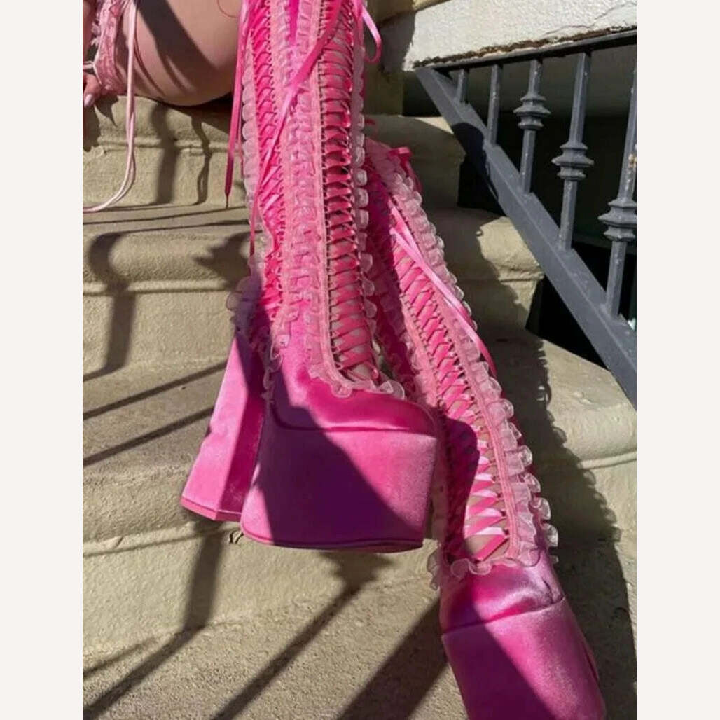 KIMLUD, Pink Satin Ruffles Platform Boots Women Chunky Heel Round Toe Lace up Heels Knee High Boots Luxury Lolita Y2k Big Size Shoes, KIMLUD Womens Clothes