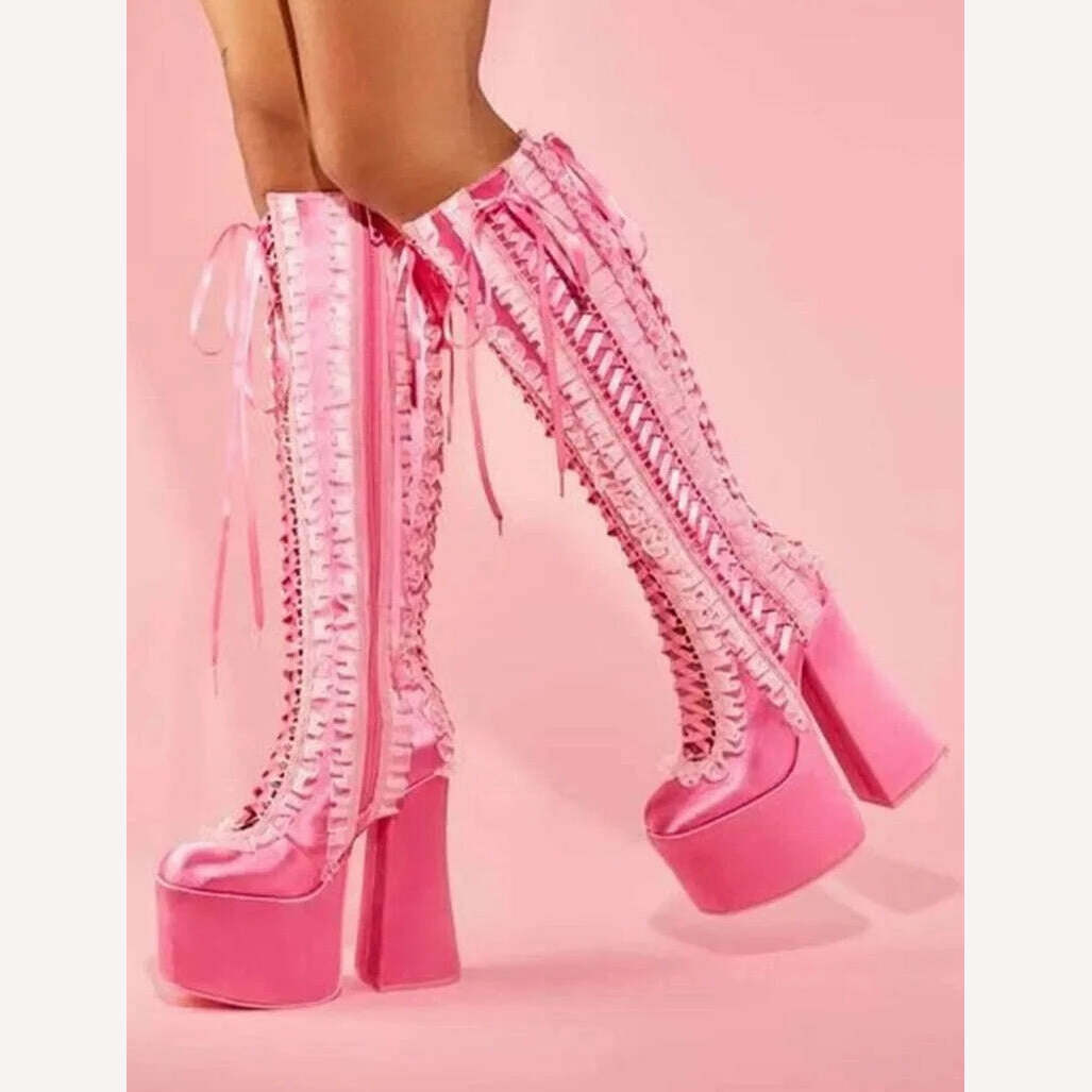 KIMLUD, Pink Satin Ruffles Platform Boots Women Chunky Heel Round Toe Lace up Heels Knee High Boots Luxury Lolita Y2k Big Size Shoes, KIMLUD Women's Clothes
