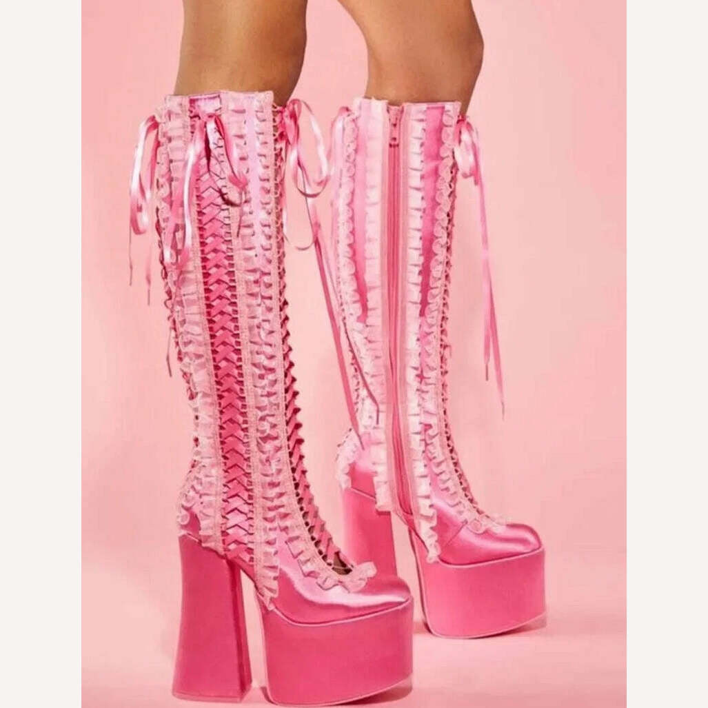 KIMLUD, Pink Satin Ruffles Platform Boots Women Chunky Heel Round Toe Lace up Heels Knee High Boots Luxury Lolita Y2k Big Size Shoes, KIMLUD Women's Clothes