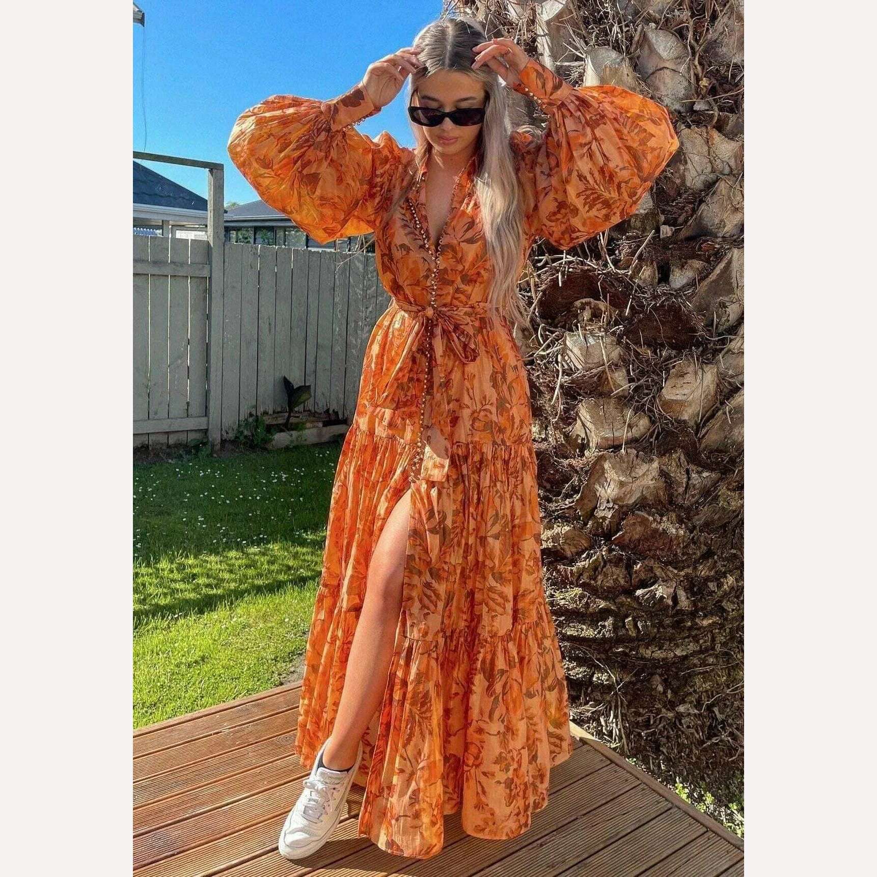 KIMLUD, Pinkoz runway designer summer spring orange printed maxi dress single breasted lantern sleeve long party holiday vestidos sashes, KIMLUD Womens Clothes