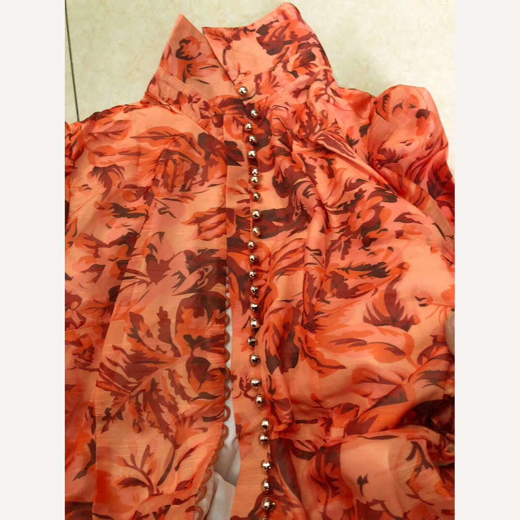 KIMLUD, Pinkoz runway designer summer spring orange printed maxi dress single breasted lantern sleeve long party holiday vestidos sashes, KIMLUD Womens Clothes