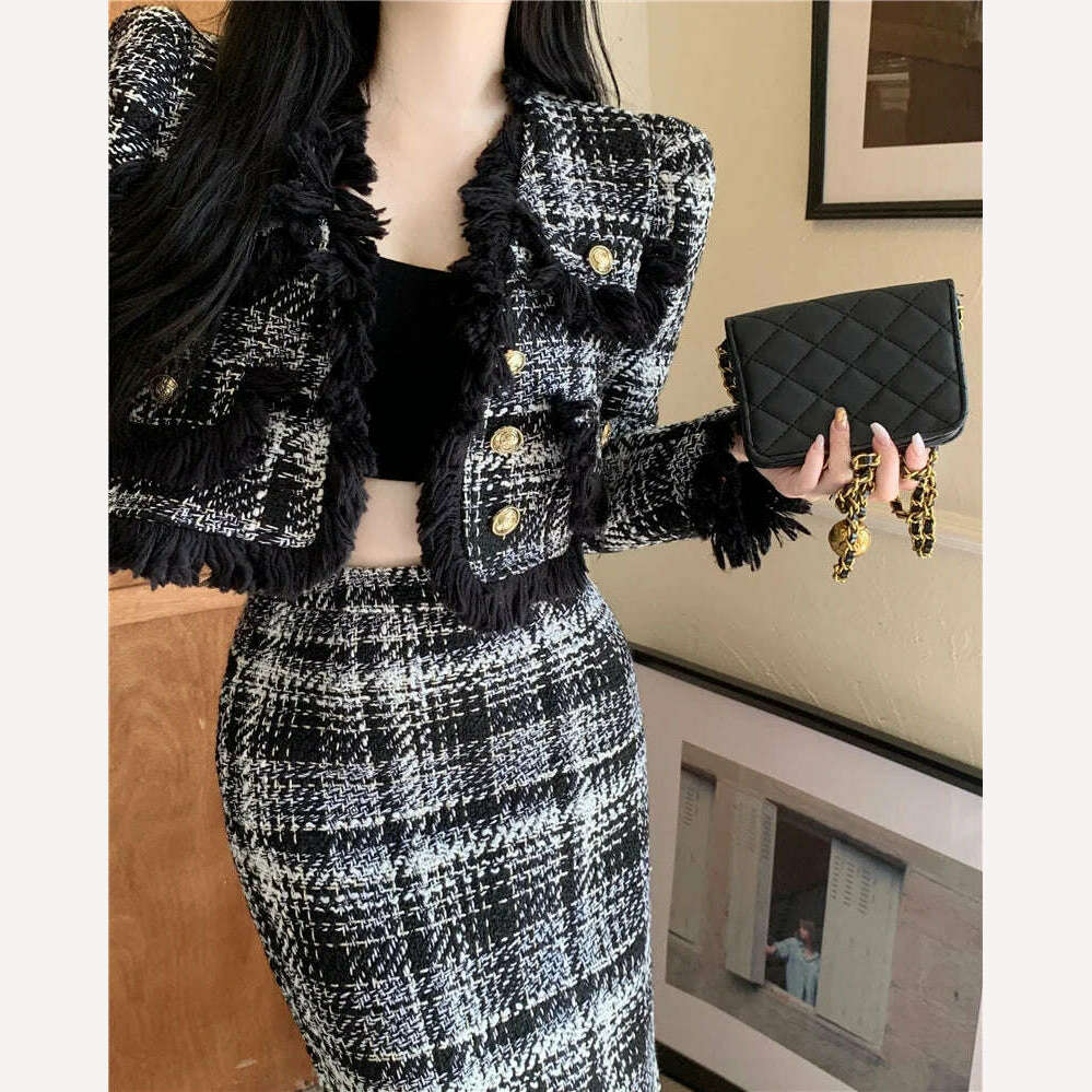 KIMLUD, Plaid Celebrity Style New Suit Women Fashion Elegant Long-sleeved Short Coat High Waist Hip Wrap Long Skirt Two-piece Set Winter, KIMLUD Womens Clothes