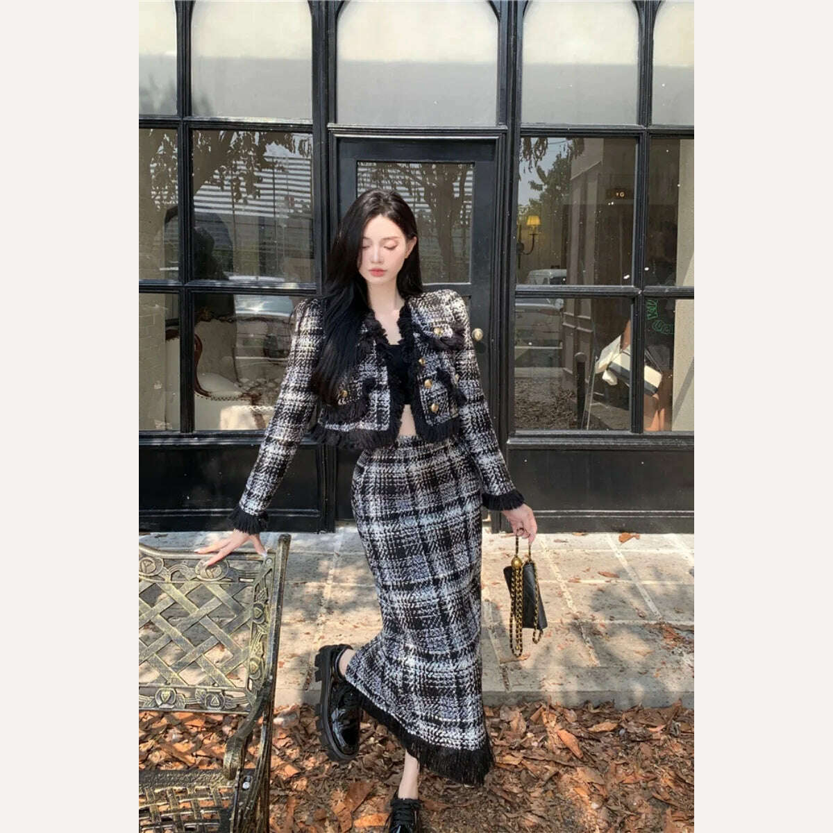 KIMLUD, Plaid Celebrity Style New Suit Women Fashion Elegant Long-sleeved Short Coat High Waist Hip Wrap Long Skirt Two-piece Set Winter, Black / S, KIMLUD Womens Clothes