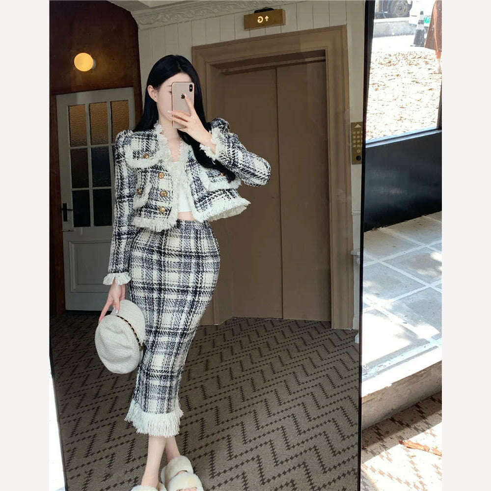 KIMLUD, Plaid Celebrity Style New Suit Women Fashion Elegant Long-sleeved Short Coat High Waist Hip Wrap Long Skirt Two-piece Set Winter, White / S, KIMLUD Womens Clothes