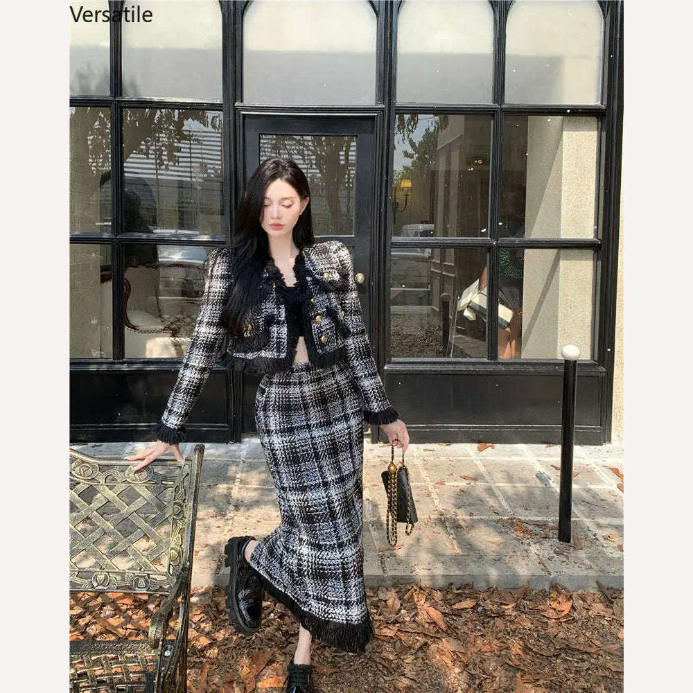 KIMLUD, Plaid Celebrity Style New Suit Women Fashion Elegant Long-sleeved Short Coat High Waist Hip Wrap Long Skirt Two-piece Set Winter, KIMLUD Womens Clothes