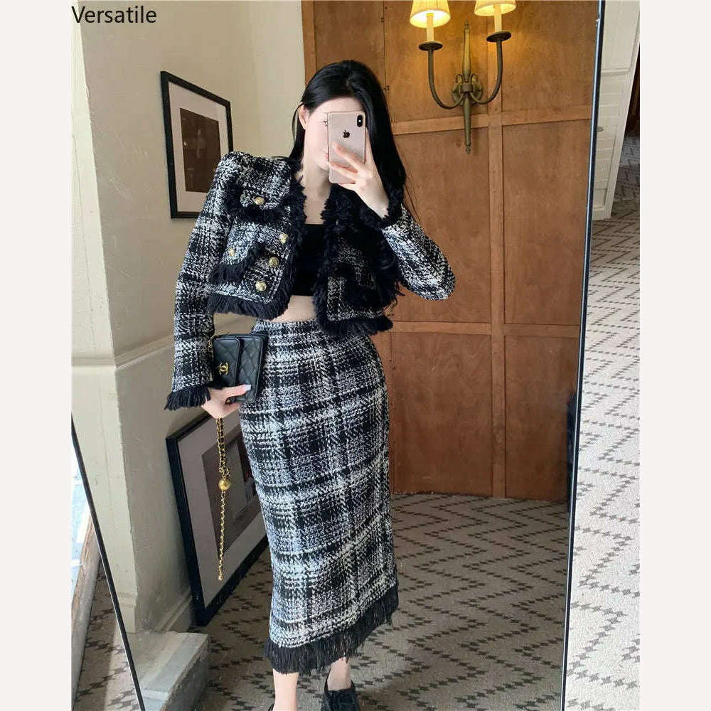 KIMLUD, Plaid Celebrity Style New Suit Women Fashion Elegant Long-sleeved Short Coat High Waist Hip Wrap Long Skirt Two-piece Set Winter, KIMLUD Womens Clothes