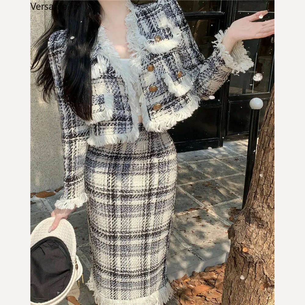 KIMLUD, Plaid Celebrity Style New Suit Women Fashion Elegant Long-sleeved Short Coat High Waist Hip Wrap Long Skirt Two-piece Set Winter, KIMLUD Womens Clothes