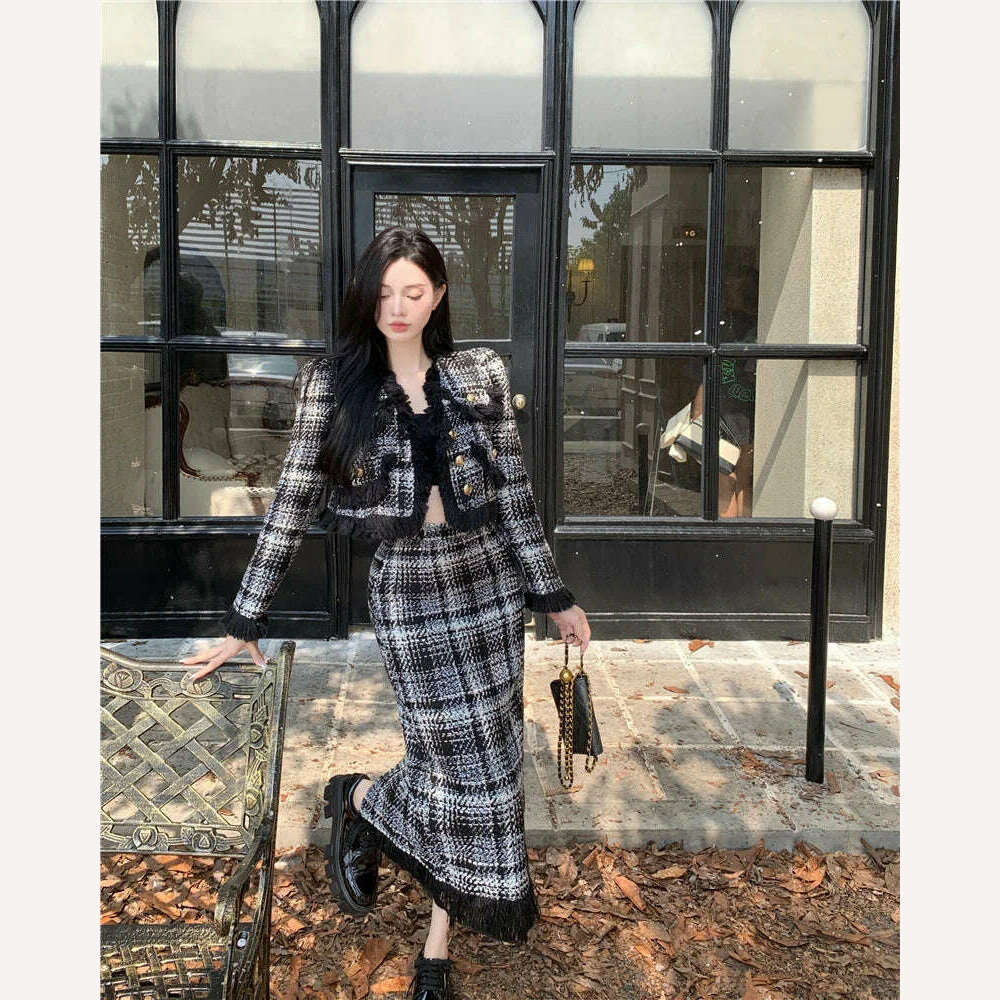 KIMLUD, Plaid Celebrity Style New Suit Women Fashion Elegant Long-sleeved Short Coat High Waist Hip Wrap Long Skirt Two-piece Set Winter, KIMLUD Womens Clothes