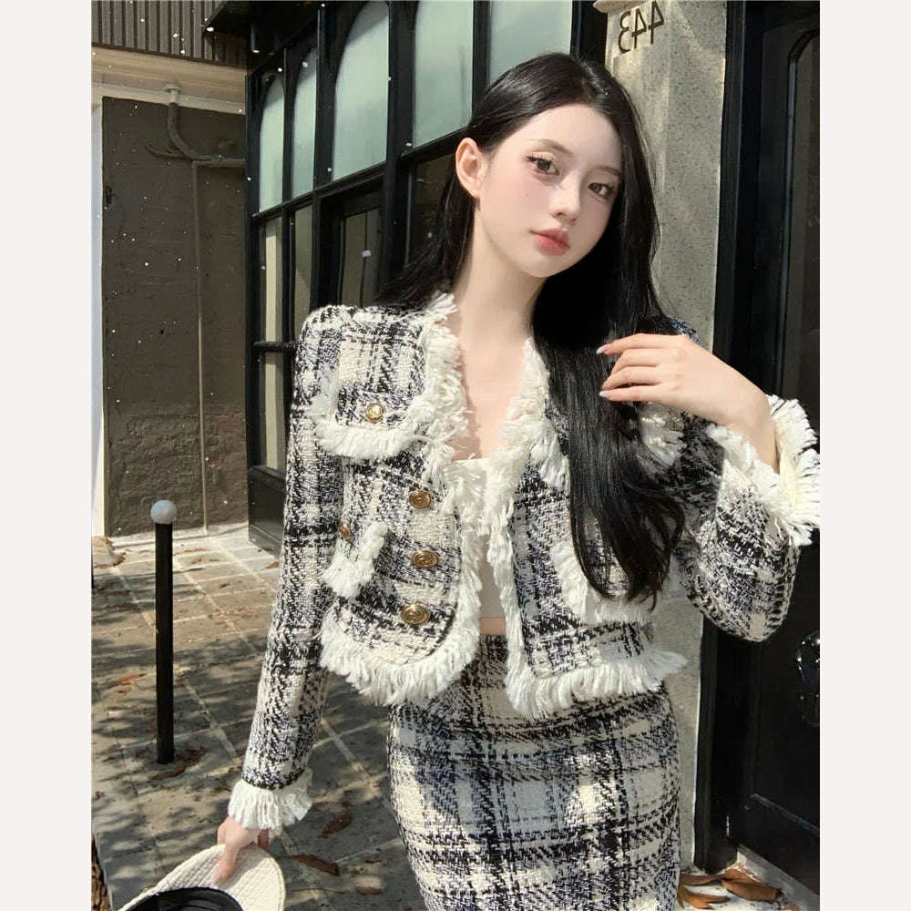 KIMLUD, Plaid Celebrity Style New Suit Women Fashion Elegant Long-sleeved Short Coat High Waist Hip Wrap Long Skirt Two-piece Set Winter, KIMLUD Womens Clothes