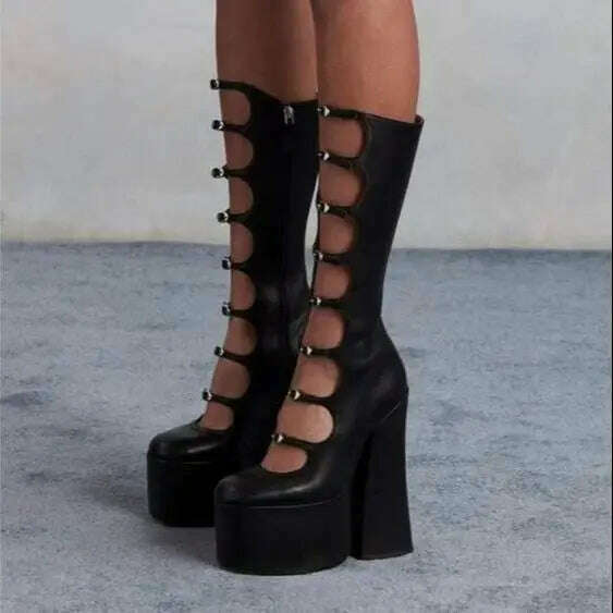 Platform Patent Leather Gothic Summer Boots 2024 New Round Toe Buckle Sexy Girl Boots Plus Size Fashion Women Thick High Heels - KIMLUD