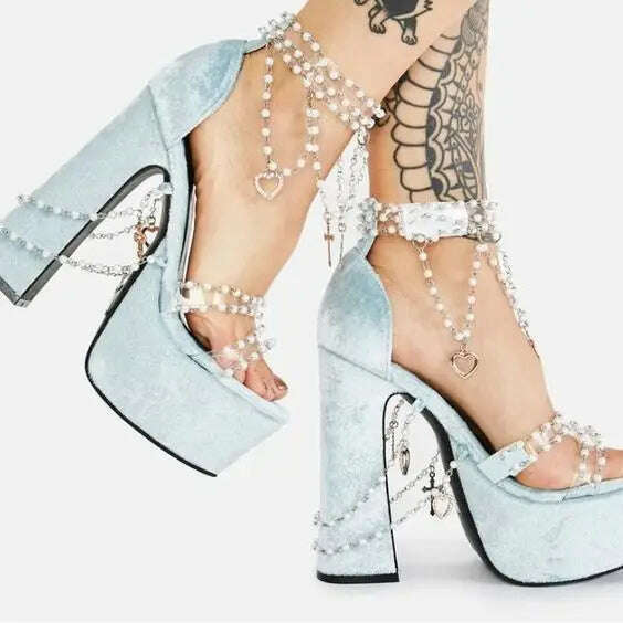 Platform Pink Pearl Dress Sweet Sandals Girl Chunky High Heel PVC Beads Sandals Lady Buckle Wedding Design Shoes 2024 Metallic - KIMLUD