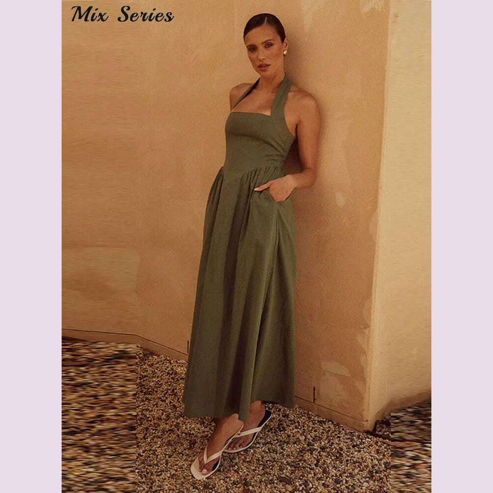 Pleated Halter Spaghetti Strap Dress Women Solid Backless Zip Midi Dresses 2024 Spring Summer Female Casual Streetwear Vestido - KIMLUD