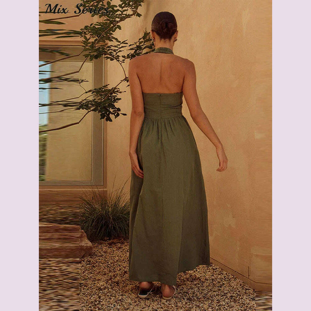 Pleated Halter Spaghetti Strap Dress Women Solid Backless Zip Midi Dresses 2024 Spring Summer Female Casual Streetwear Vestido - KIMLUD