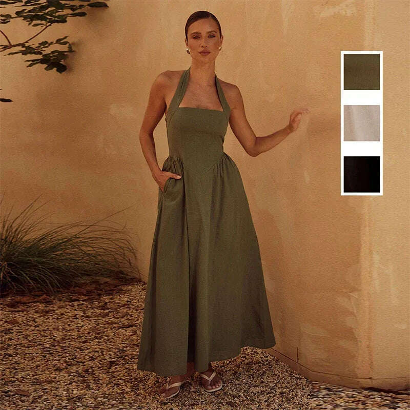 Pleated Halter Spaghetti Strap Dress Women Solid Backless Zip Midi Dresses 2024 Spring Summer Female Casual Streetwear Vestido - KIMLUD