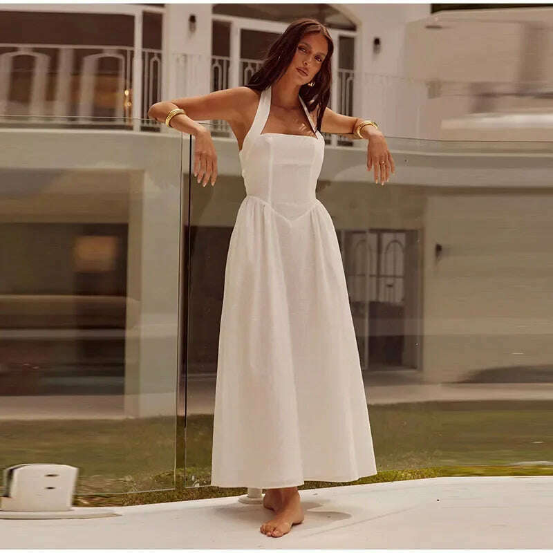 Pleated Halter Spaghetti Strap Dress Women Solid Backless Zip Midi Dresses 2024 Spring Summer Female Casual Streetwear Vestido - KIMLUD