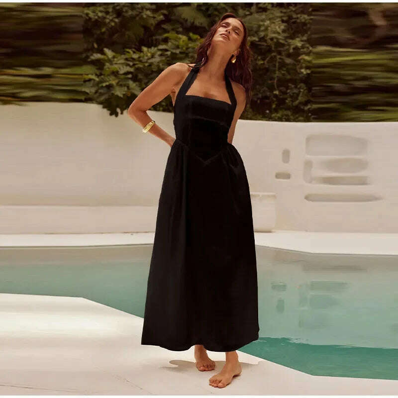 Pleated Halter Spaghetti Strap Dress Women Solid Backless Zip Midi Dresses 2024 Spring Summer Female Casual Streetwear Vestido - KIMLUD
