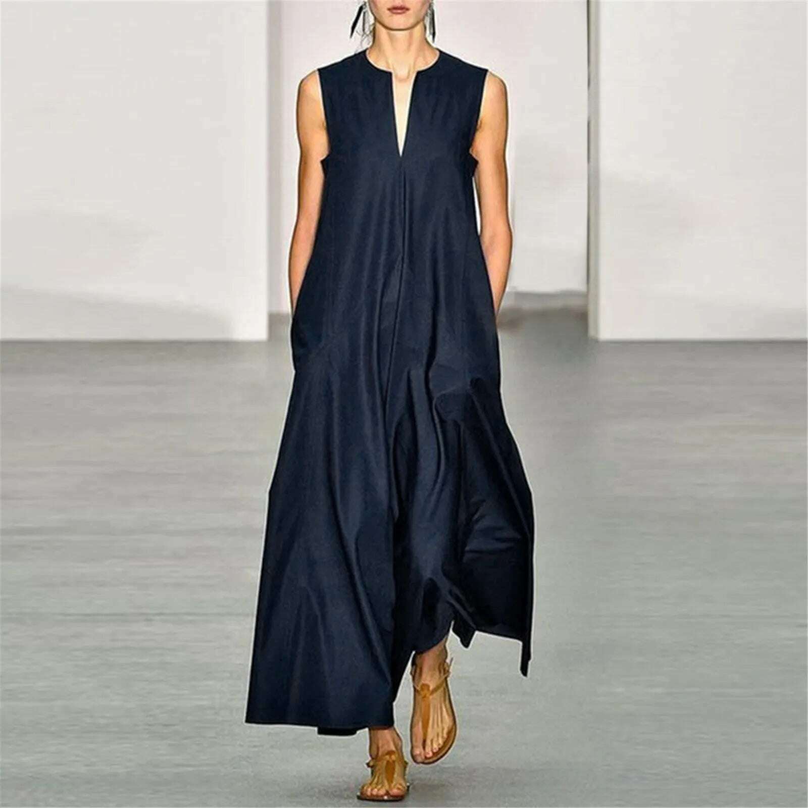 KIMLUD, Plus Size 2023 New Arrival Women Summer Dresses Vintage Daily Casual Sleeveless Long Dresses Cotton Blend Summer Dress Vestidos, Dark Blue / S / CHINA, KIMLUD Womens Clothes