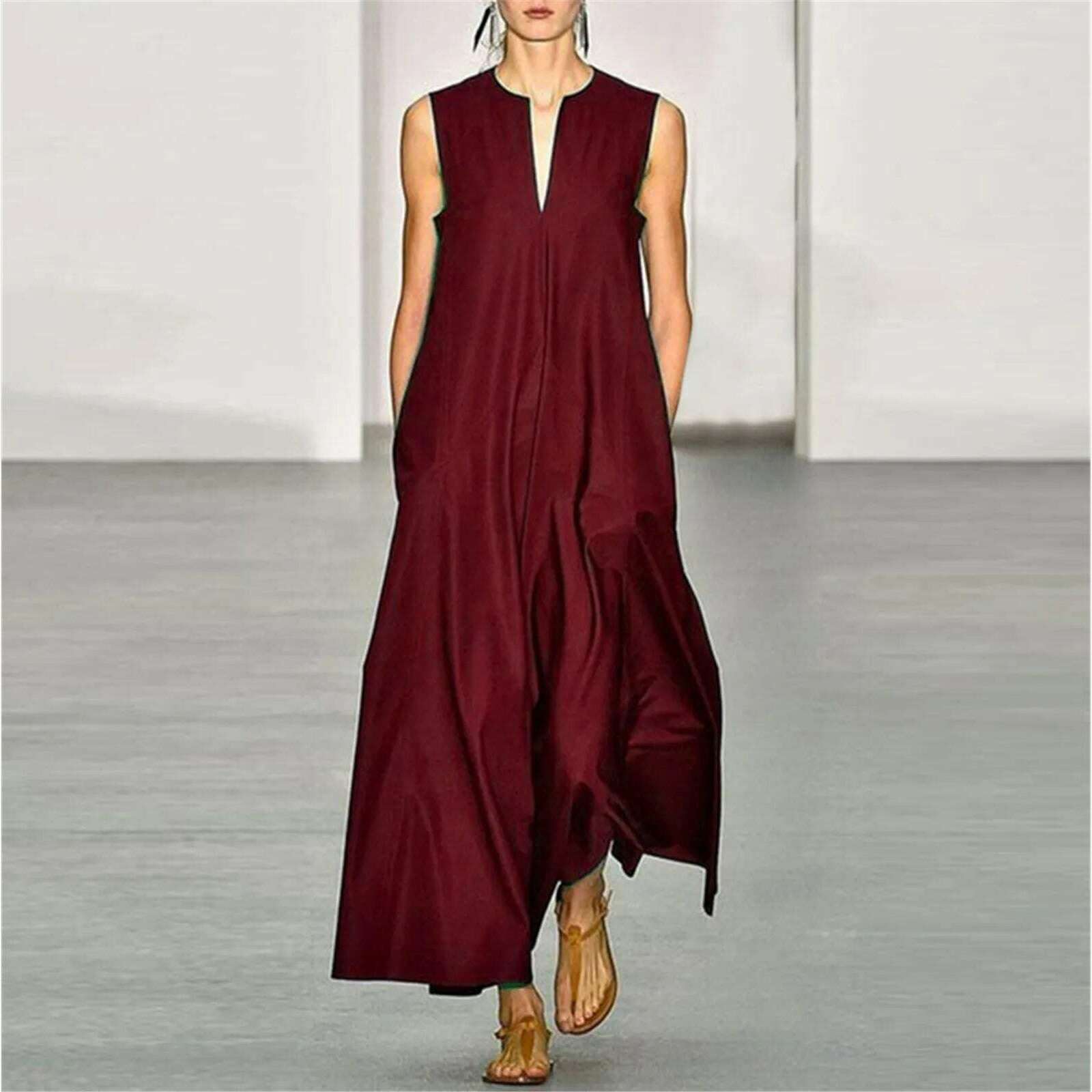 KIMLUD, Plus Size 2023 New Arrival Women Summer Dresses Vintage Daily Casual Sleeveless Long Dresses Cotton Blend Summer Dress Vestidos, Wine / S / CHINA, KIMLUD Womens Clothes