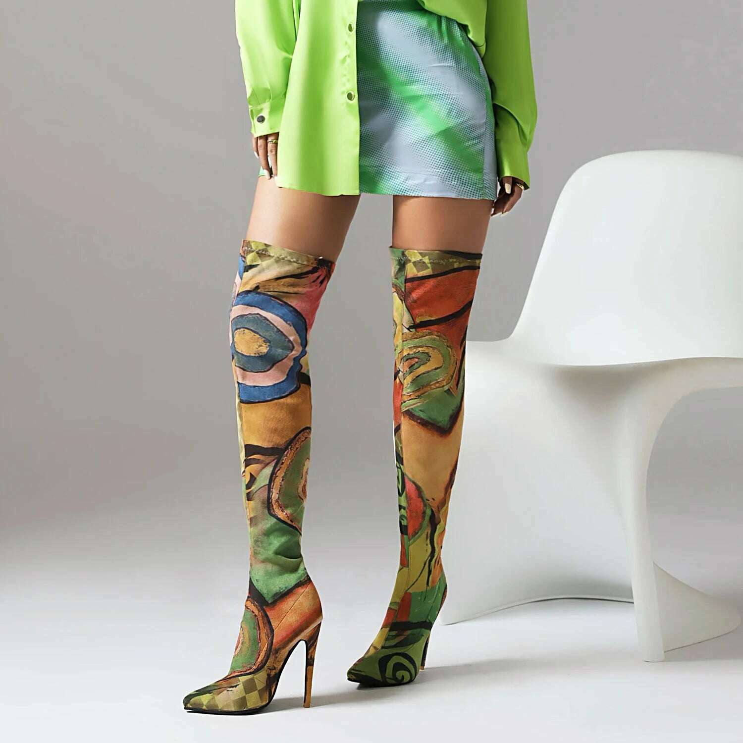 KIMLUD, Plus Size Art Graffiti Over Knee Boots Pointed Toe Ultra-High Fine Heel Elastic Fabric Material Women's Long Boots Printed Boots, KIMLUD Womens Clothes