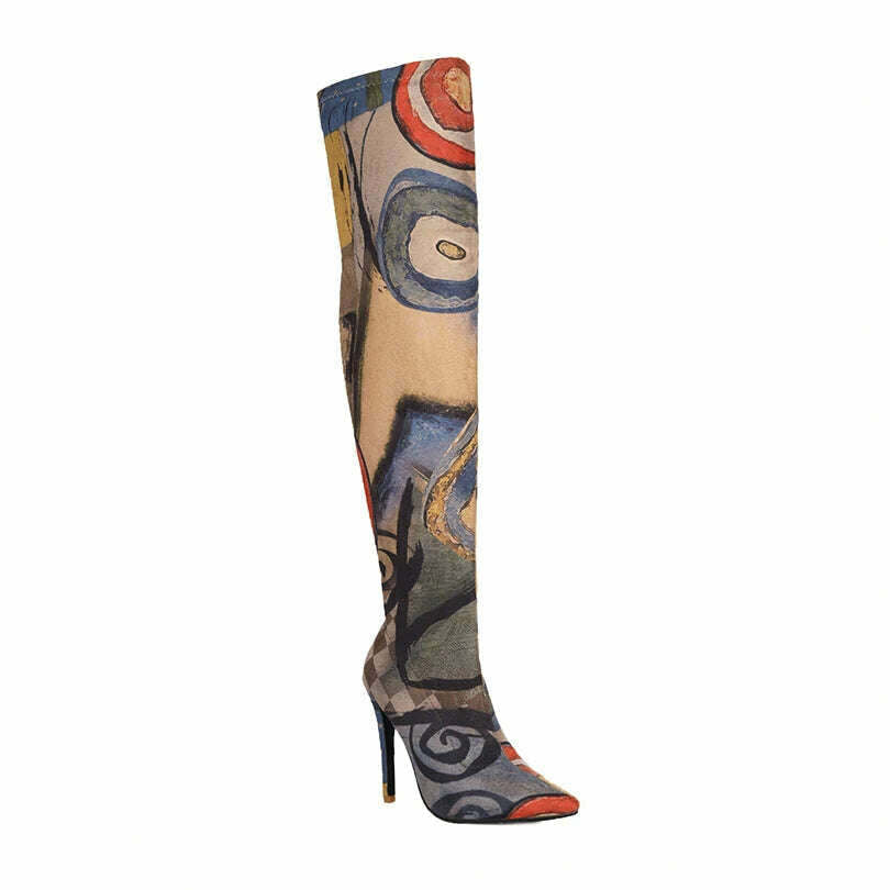 KIMLUD, Plus Size Art Graffiti Over Knee Boots Pointed Toe Ultra-High Fine Heel Elastic Fabric Material Women's Long Boots Printed Boots, Blue(AE存量)**** / 34 / CHINA, KIMLUD Womens Clothes