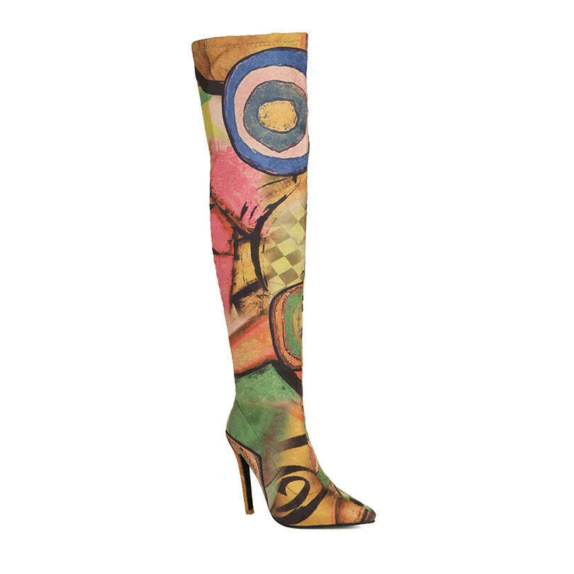 KIMLUD, Plus Size Art Graffiti Over Knee Boots Pointed Toe Ultra-High Fine Heel Elastic Fabric Material Women's Long Boots Printed Boots, green / 34 / CHINA, KIMLUD Womens Clothes